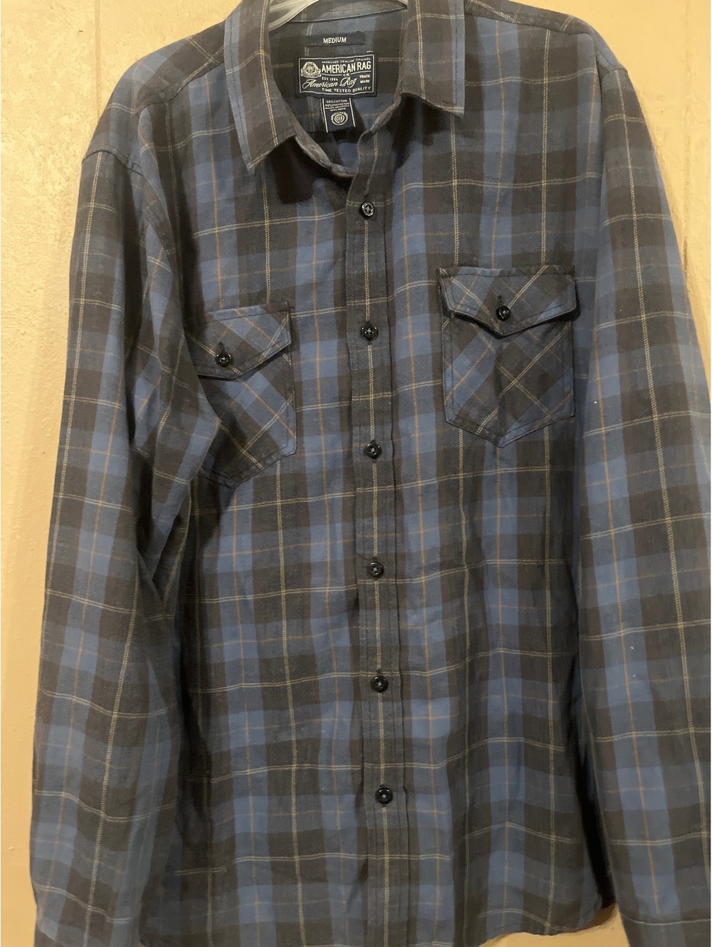 American Rag Men's Medium Blue and Black Plaid Button-Up Shirt